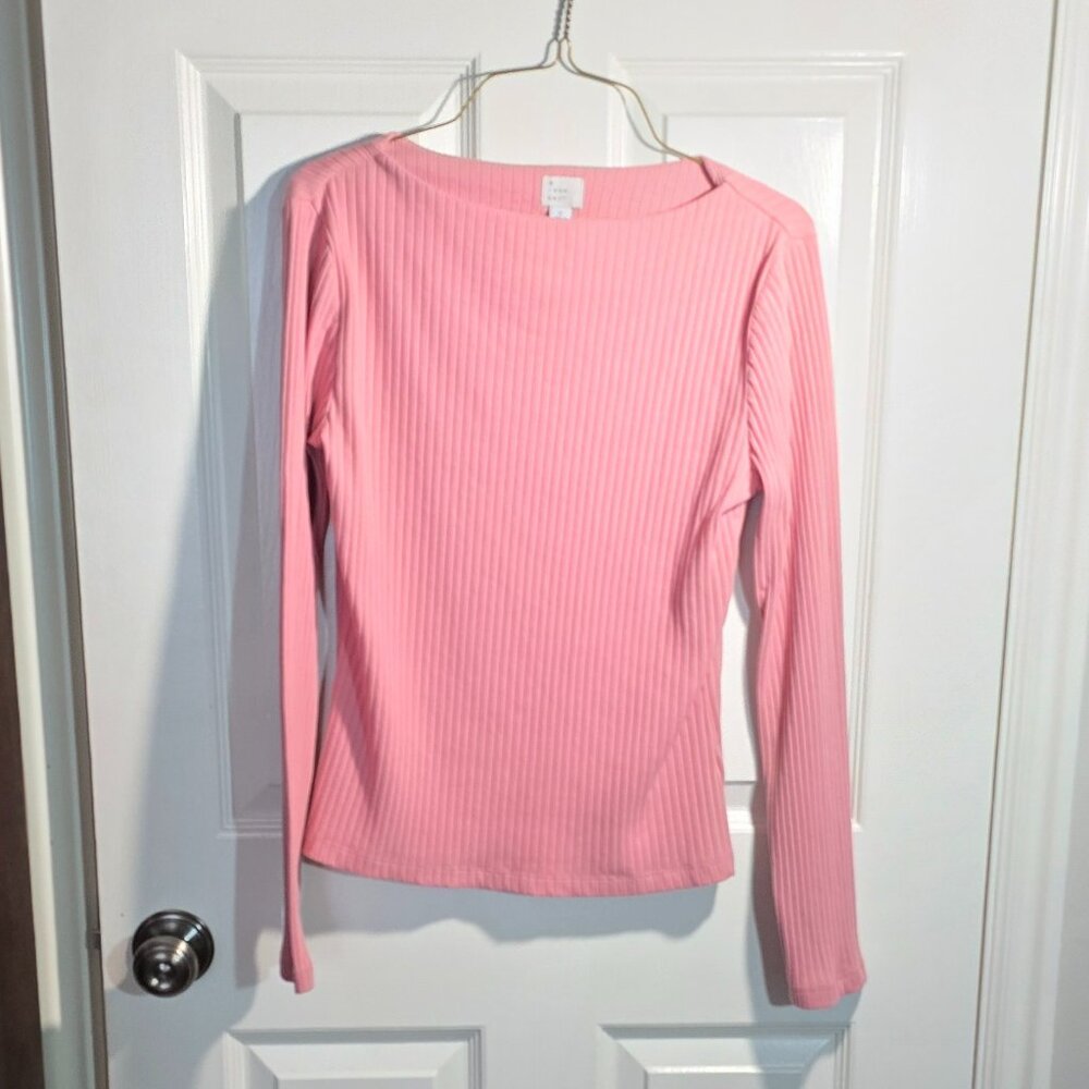 Women's Slim Fit, Boatneck, Long Sleeve, Light Pink, Ribbed Top, S